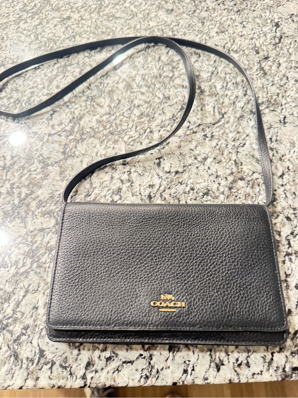 Coach Black Pebbled Leather Gold Logo Crossbody Wallet